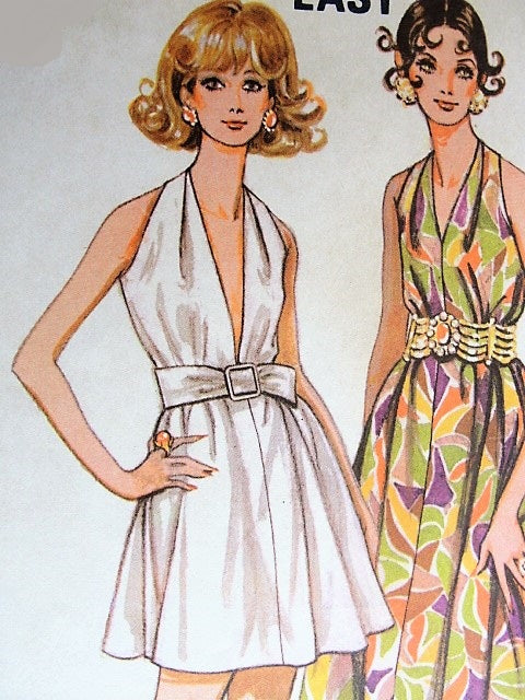 60s Goddess Cocktail Evening Party Dress Pattern McCalls 9656 Plunging Neckline Mini, Regular or Formal Full Length Vintage Sewing Pattern UNCUT