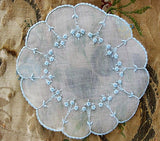 ANTIQUE French Organdy Doily Hand Embroidery Baby Blue Embroidered SO Pretty Vintage Linens