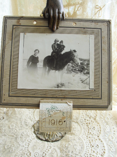 CUTE Antique 1916 Calendar Lady and Child On Horse Photo Rustic Cabin Cottage Shabby Chic Decor
