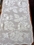 VINTAGE Farmhouse Long Hand Crochet Lace Runner ROSES French Country Decor Collectible Table Linens