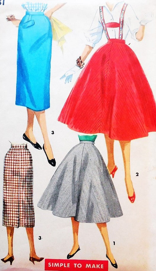 1950s ROCKABILLY Slim Pencil or Full Suspender Skirts Pattern SIMPLICITY 1281Simple To Make Retro Skirts Waist 27 Vintage Sewing Pattern
