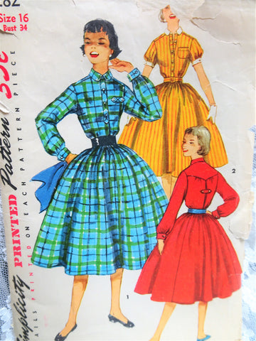 1950s ROCKABILLY Shirtwaist Dress Pattern SIMPLICITY 1282 Two Versions Bust 34 Vintage Sewing Pattern