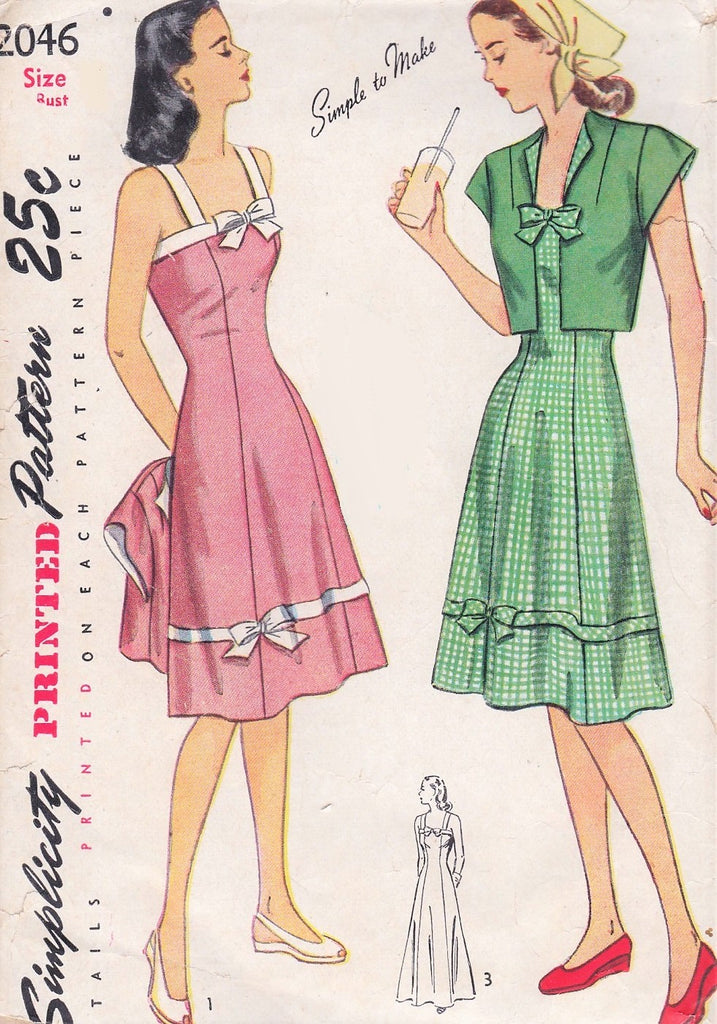 40s PRETTY Sun Dress and Bolero Jacket Pattern SIMPLICITY 2046 Day or Evening Length Dress Bust 32 Vintage Sewing Pattern