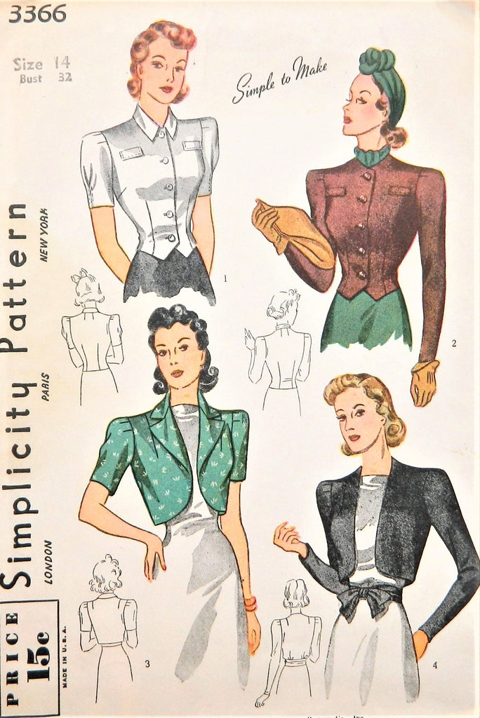 1940 LOVELY Bolero Jackets and Blouse Pattern SIMPLICITY 3366 Blouse and 3 Wonderful Style Versions Bust 32  SIMPLE To Make Vintage Sewing Pattern FACTORY FOLDED