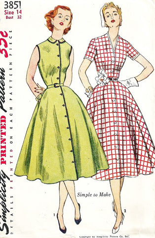 50s PRETTY Day Dress Pattern SIMPLICITY 3851 Peter Pan or V Neckline Full Skirt Dress Front Button Bust 34 Vintage Sewing Pattern