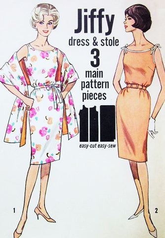 60s CUTE Jiffy Slim Dress and Stole Pattern SIMPLICITY 4471 Two Style Versions Day or Evening Bust 34 Vintage Sixties Sewing Pattern