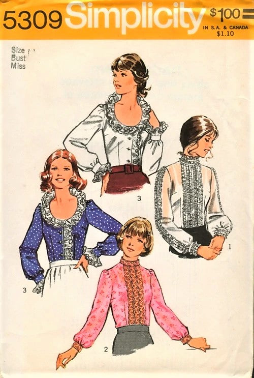 1970s FAB Blouse Pattern Simplicity 5309 Three Lovely Blouses,Steampunk,Boho,Frilly High Collar, Low Ruffled Neckline Bust 38 Vintage Sewing Pattern FACTORY FOLDED