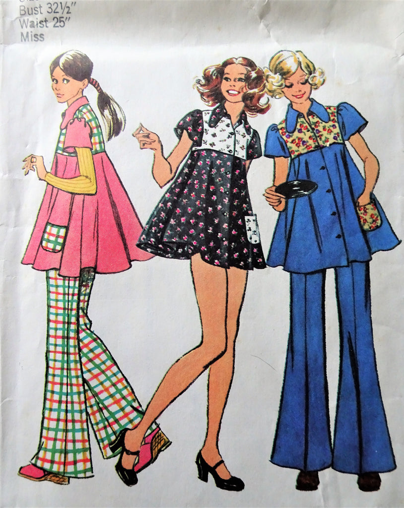 CUTE 1970s Simplicity 5370 Pattern,Short Dress, Bikini Pants and Hip-Hugger Bell-Bottom Pants , Bust 32 Vintage Sewing Pattern