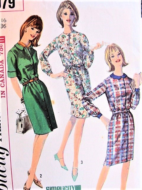 1960s CUTE Slim Shirt Dress Pattern SIMPLICITY 6079 Easy To Sew Bust 36 Vintage Sewing Pattern