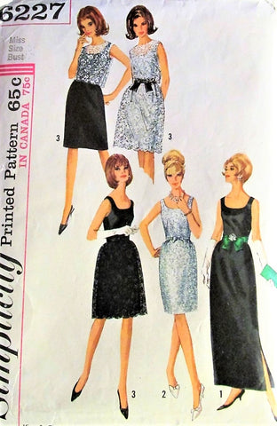 60s GLAM Evening Gown Lace Overskirt Dress Pattern SIMPLICITY 6227 Slim or Bell Skirt Cocktail Prom Dress Scoop Neck Bust 33 Vintage Sewing Pattern