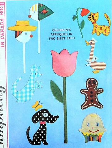 Simplicity 6259 Adorable Animal Appliques Pattern Dog, Cat, Duck, Gingerbread, Humpty Dumpty, Tulip, Kangaroo Vintage Applique Transfers Sewing Pattern UNCUT
