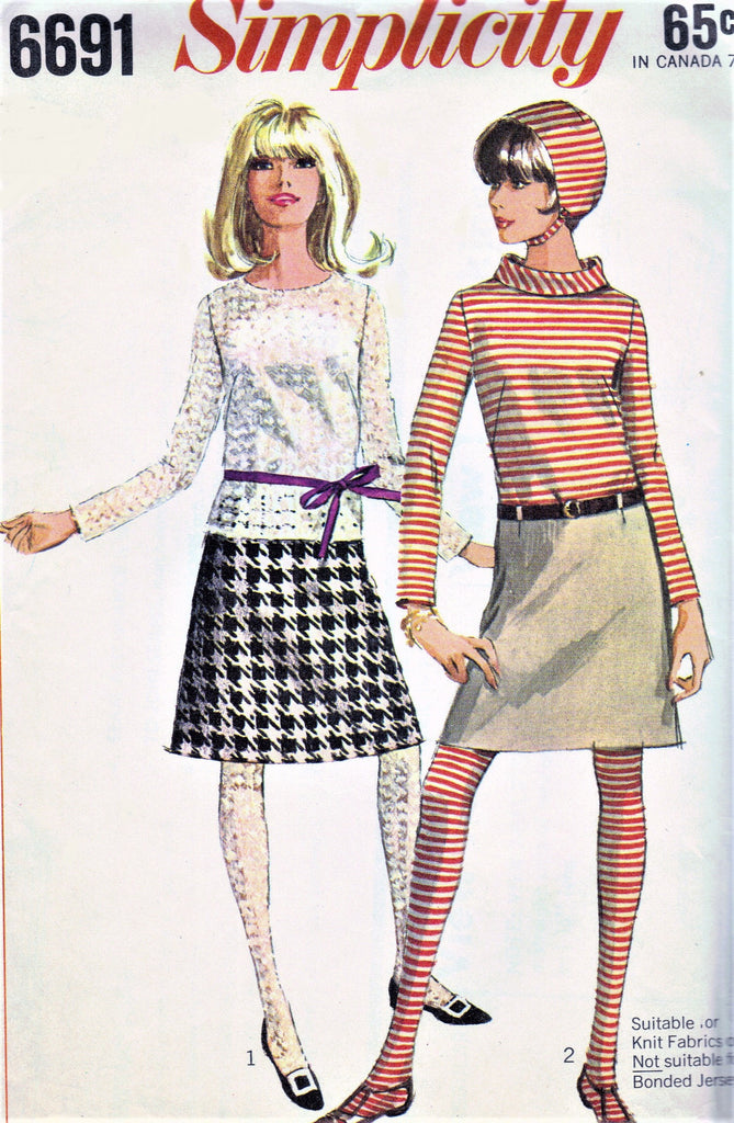 60s MOD Skirt Blouse Top Hat and Stockings Pattern SIMPLICITY 6691 Two Skirt Lengths, 2 Blouse Versions Size 9 Vintage Sewing Pattern UNCUT