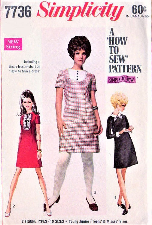 60s CUTE Mod Dress Detachable Collar Cuffs SIMPLICITY 7736 Bust 30 How To Sew Vintage Sewing Pattern UNCUT