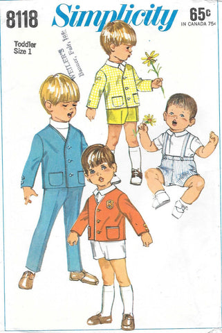 ADORABLE Simplicity 8118 1960s Toddlers Suit Jacket Pants Shorts Vintage Sewing Pattern Size 1 Suspenders Wedding Clothes