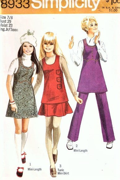 70s RETRO Mini-Jumper or Tunic, Mini-Skirt and Pants Pattern SIMPLICITY 8933 Bust 29 Vintage Sewing Pattern UNCUT