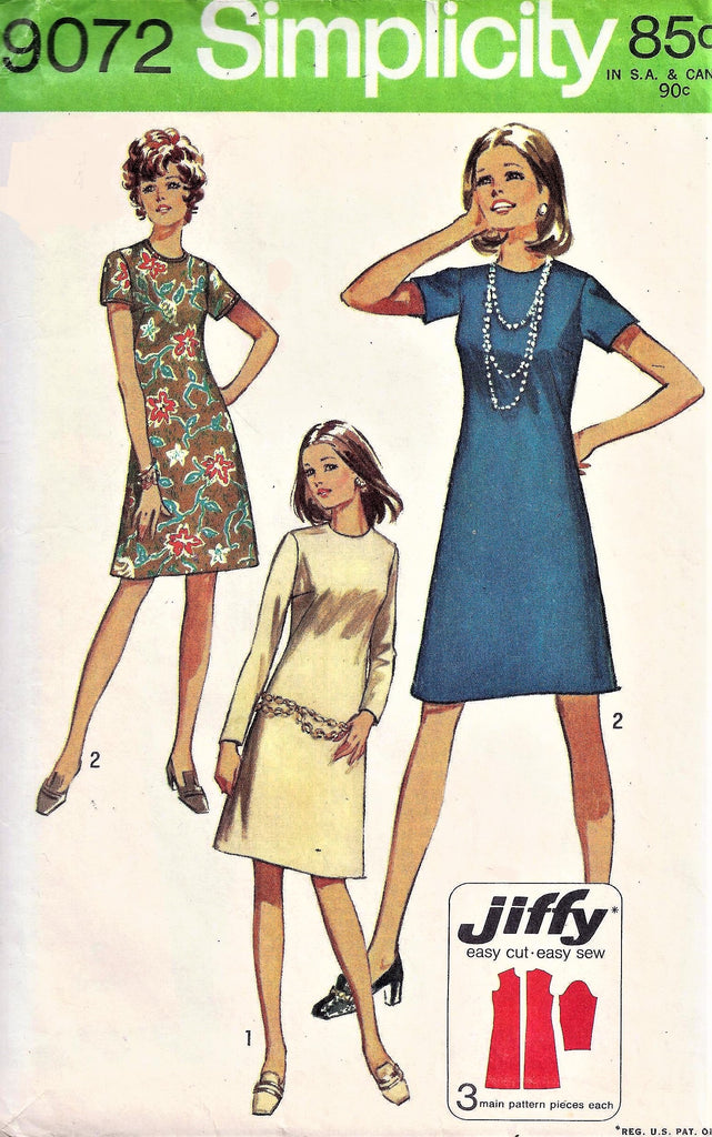 1970s CUTE Mod Dress Pattern SIMPLICITY Jiffy Dress 3 Style Versions Bust 38 Vintage Sewing Pattern FACTORY FOLDED