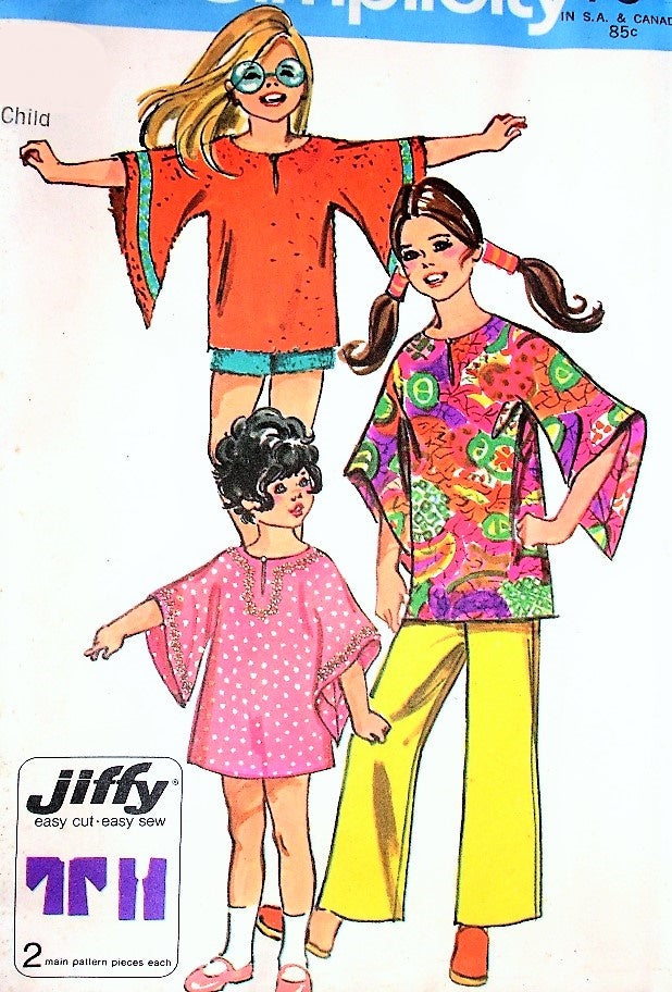 RETRO Girls MOD Boho Wing Sleeve Dress or Top, Pants or Shorts Pattern SIMPLICITY 9343 Size 10 Vintage Jiffy Sewing Pattern UNCUT