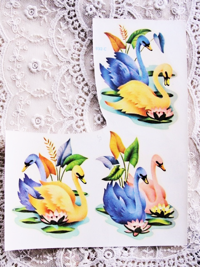 Vintage 1940s MEYERCORD Decal Transfers SWANS Decal Stickers Blue Pink Swans Use In Collage Decorate Furniture Kitsch Retro Vintage Decor