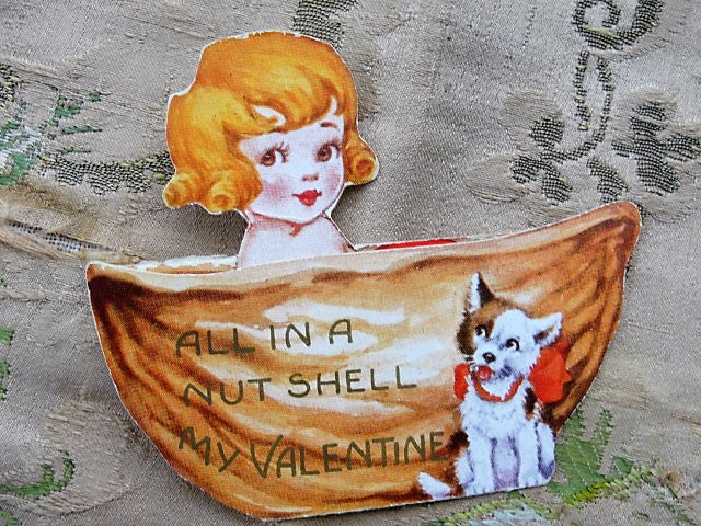 1920s SWEET Original Valentine Girl In Nut Shell Vintage Valentines Day Card
