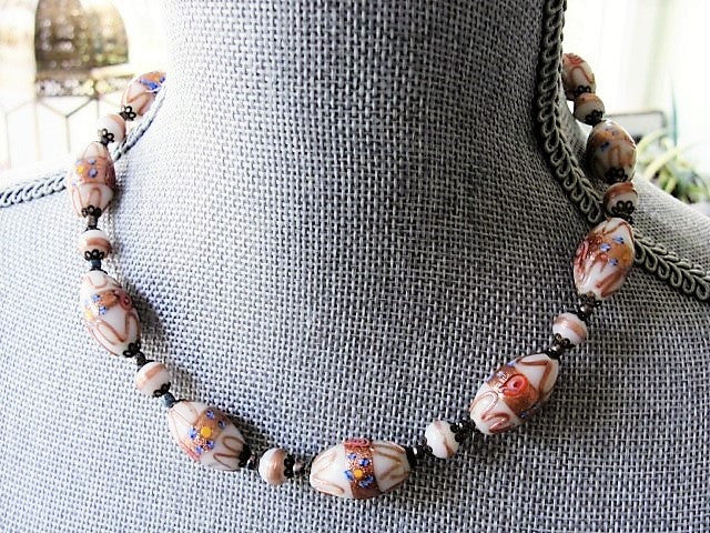 VINTAGE Beautiful Murano Glass Necklace Venetian Wedding Cake Art Glass Bead Necklace Perfect For Bride Bridal Jewelry