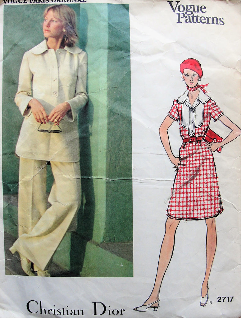 70s Christian Dior Dress,Tunic and Pants Pattern VOGUE Paris Original 2717 A Line Dress or Button Front Tunic Wide Straight Legged Pants Bust 34 Vintage Sewing Pattern