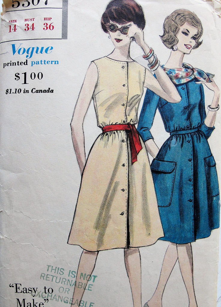 1960s Dress Pattern Vogue 5307 Easy to Make One Piece Dress and Scarf Bust 34 Vintage Sewing Pattern