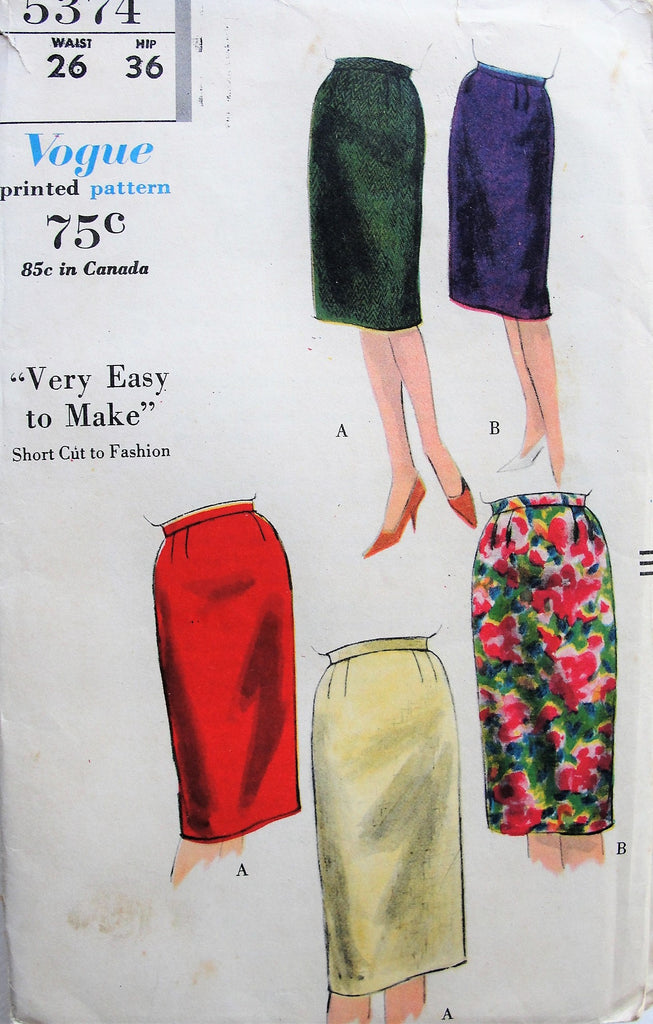 1960s Slim Skirt Pattern Vogue 5374 Very Easy To Make Basic Pencil Skirt Waist 26 Vintage Sewing Pattern