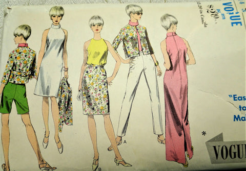 1960s MOD Vogue Special Design 6795 Collar Band Sleeveless Dress Crop Jacket Top Slim Pants Shorts Bust 34 Vintage Sewing Pattern