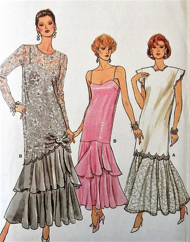 Vintage 1980s Gown Pattern Vogue 9782, Drop Waist,Ruffle Hem,Retro Look,Prom, Special Occasion, Wedding, Flapper Style Tiered, Flounced Sizes 8-10-12 Vintage Sewing Pattern UNCUT